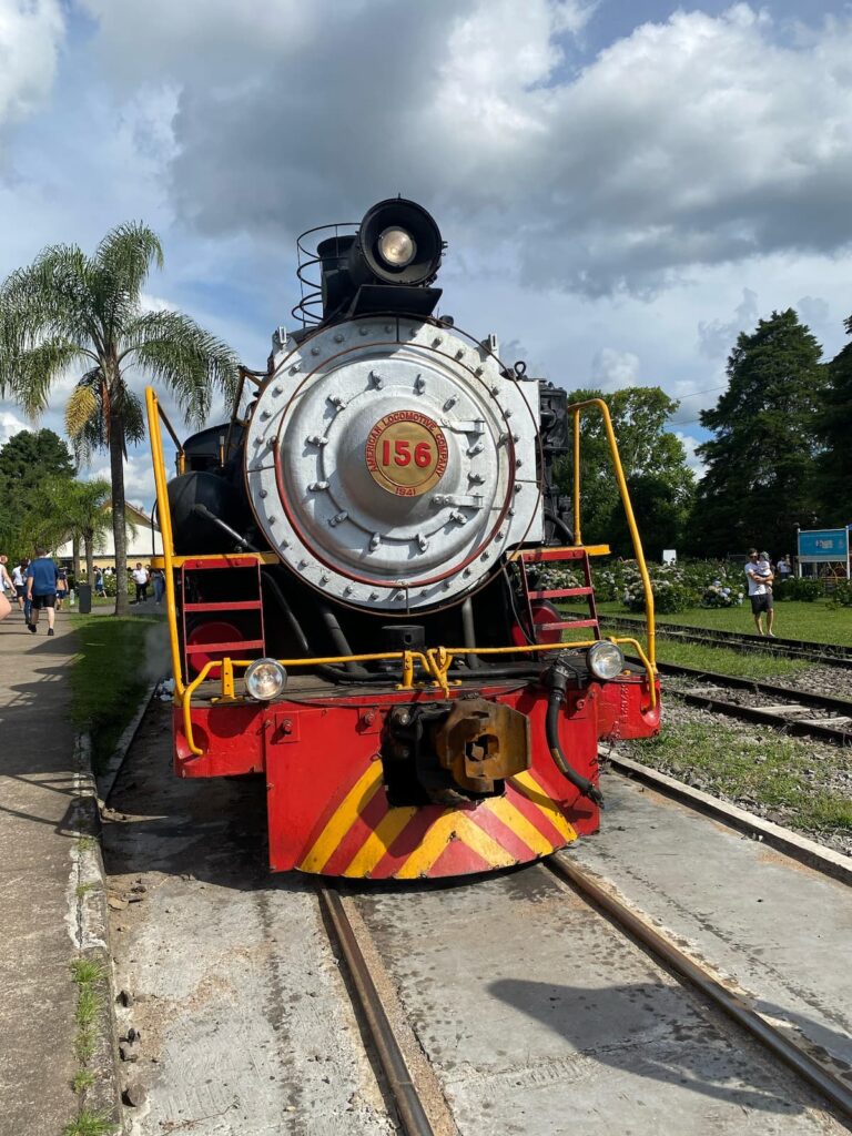 Imagem mostra Maria Fumaça, também conhecida como trem do Vinho, na Serra Gaúcha.